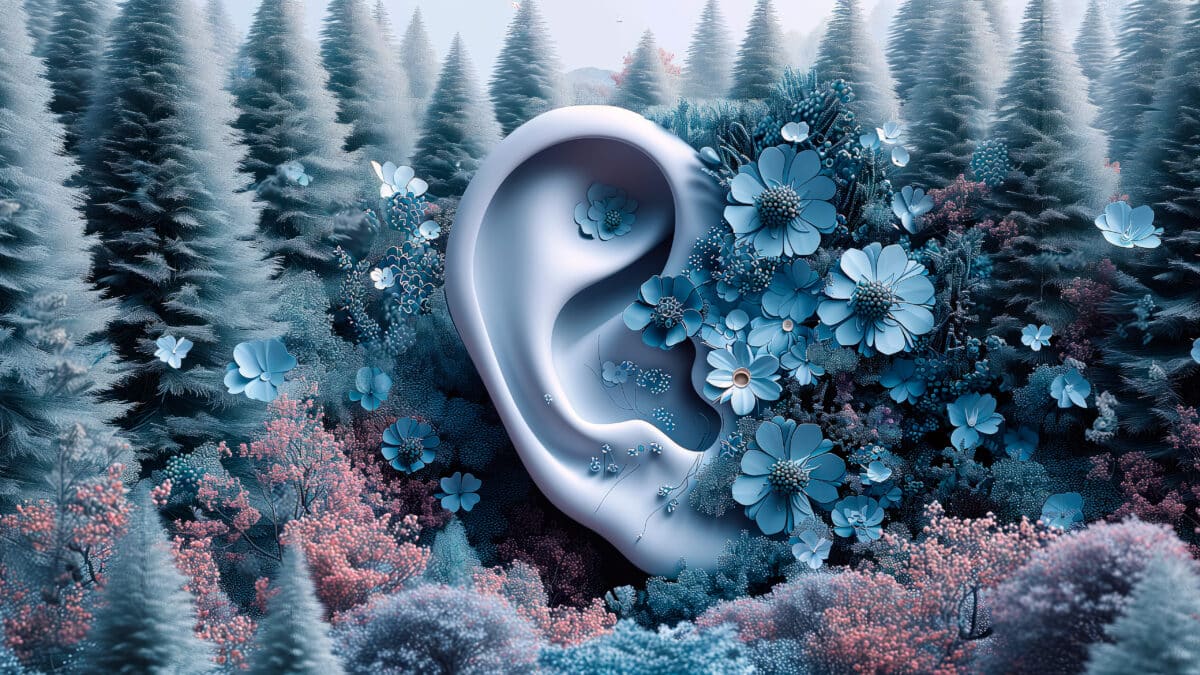 3D ear in a flower garden symbolizes inclusivity for hard of hearing via subtitles and captions.