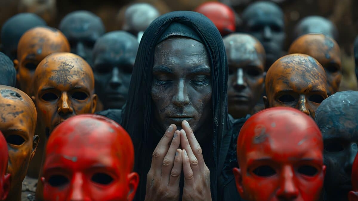 Man with a dark metallic face, surrounded by colored masks, symbolizes cybercrime's deceptive nature