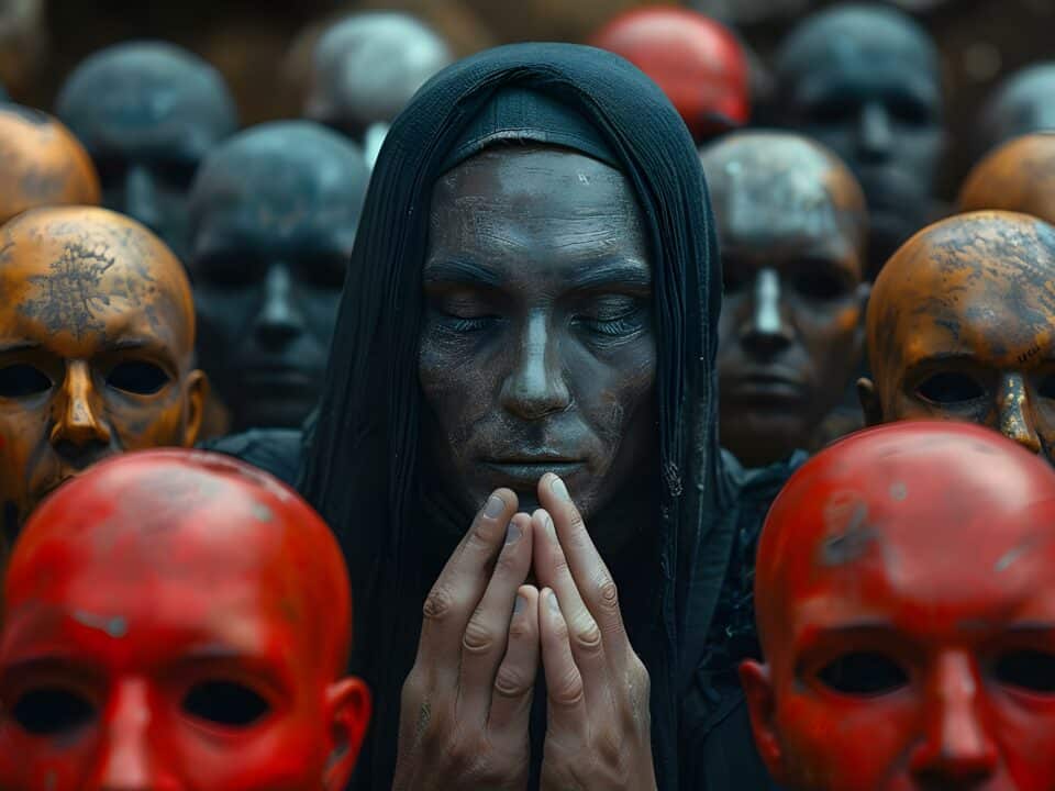 Man with a dark metallic face, surrounded by colored masks, symbolizes cybercrime's deceptive nature