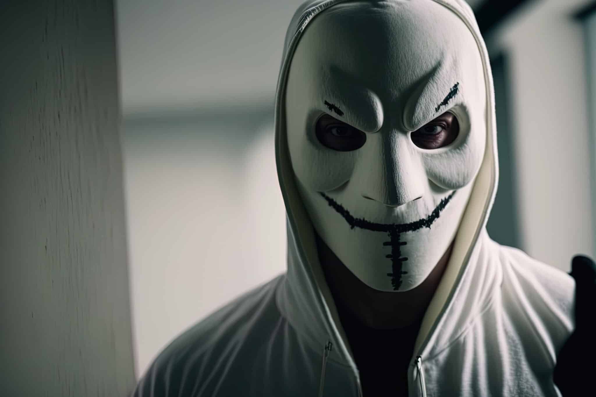 Person in a white hoodie and sinister white mask; symbolizes the anonymity and threat of cybercrime.