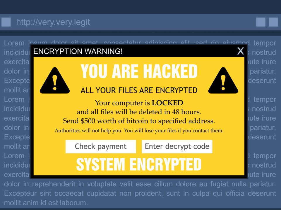 Ransomware warning screen: 'YOU ARE HACKED. All files encrypted. Send $500 Bitcoin to unlock.'