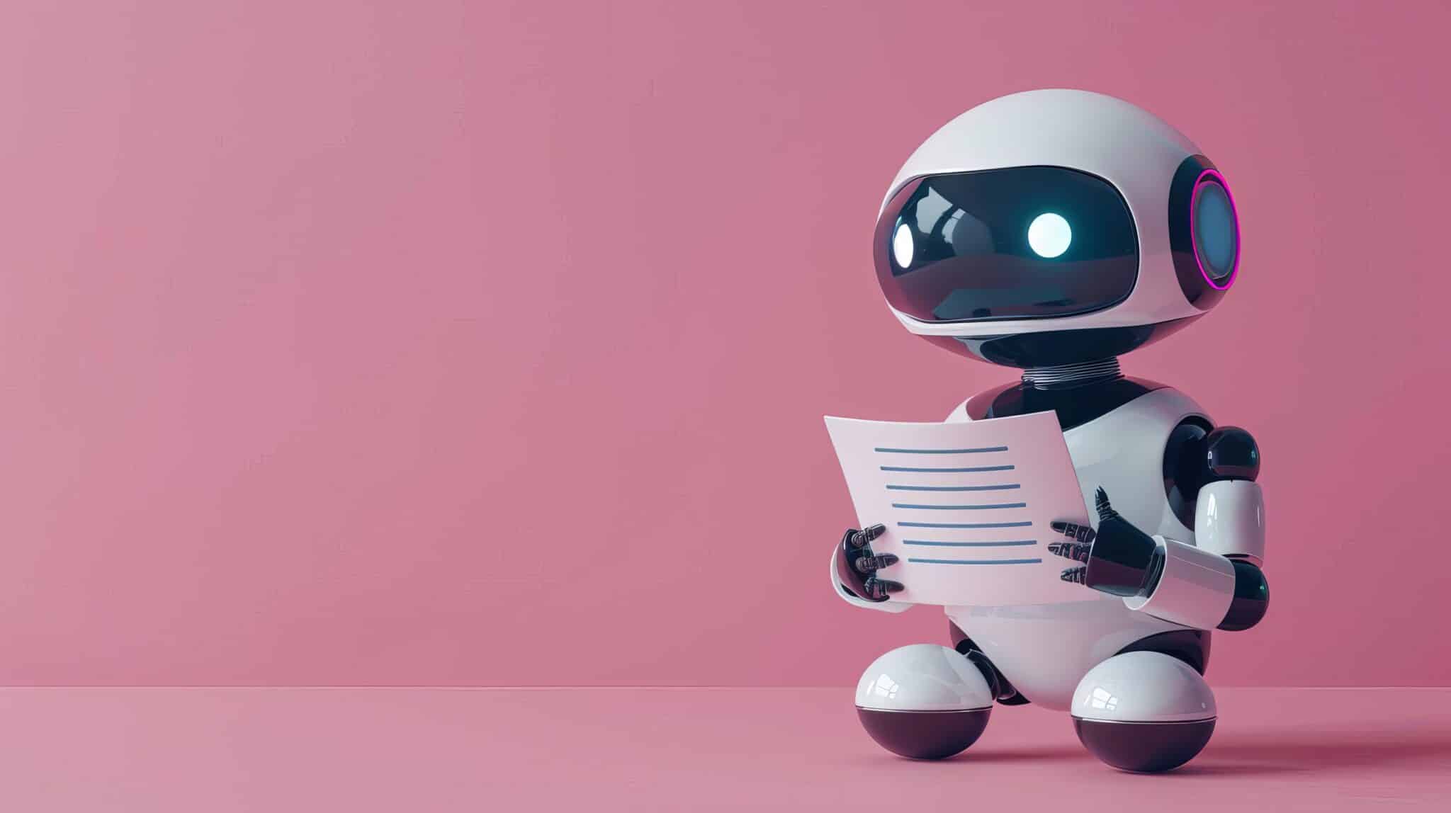 Adorable robot holding a document against a pink background, symbolizing AI medical scribe.