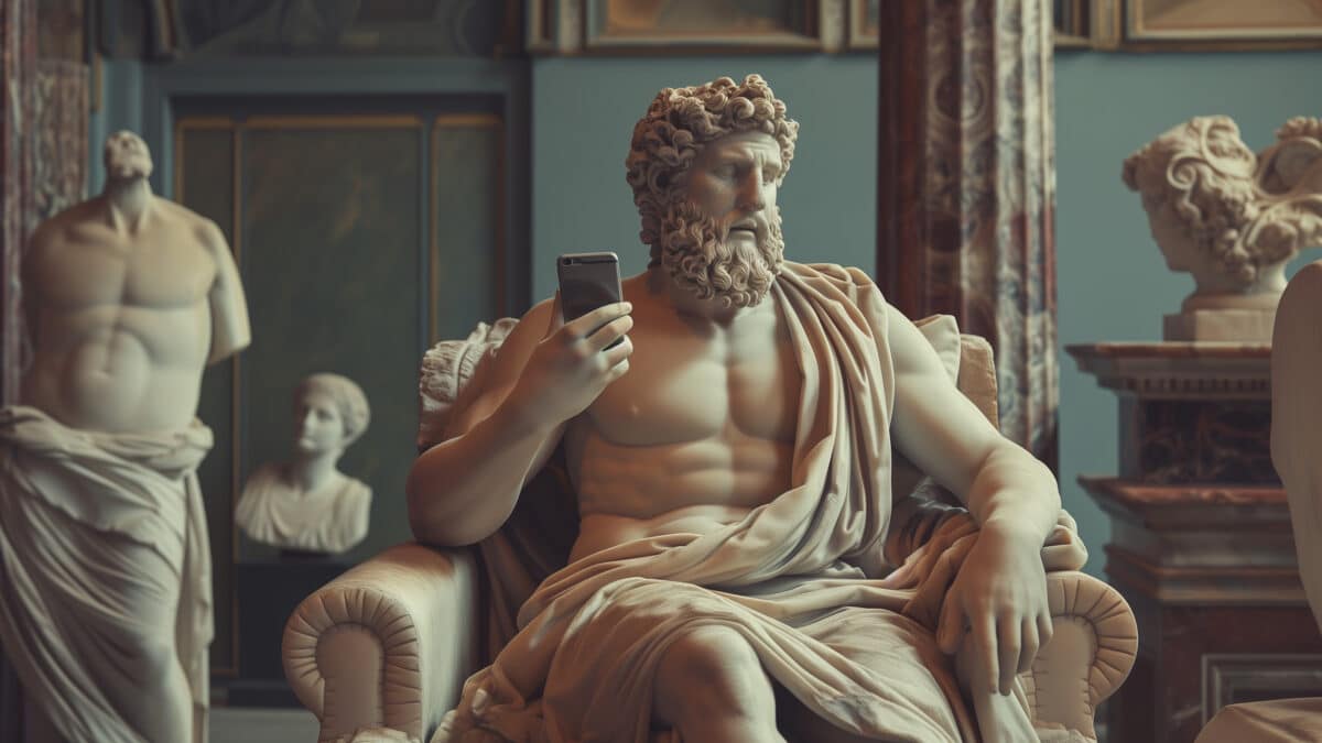 Ancient statue holds a smartphone; symbolizes evolution of scribing from historical to modern times.