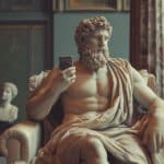 Ancient statue holds a smartphone; symbolizes evolution of scribing from historical to modern times.