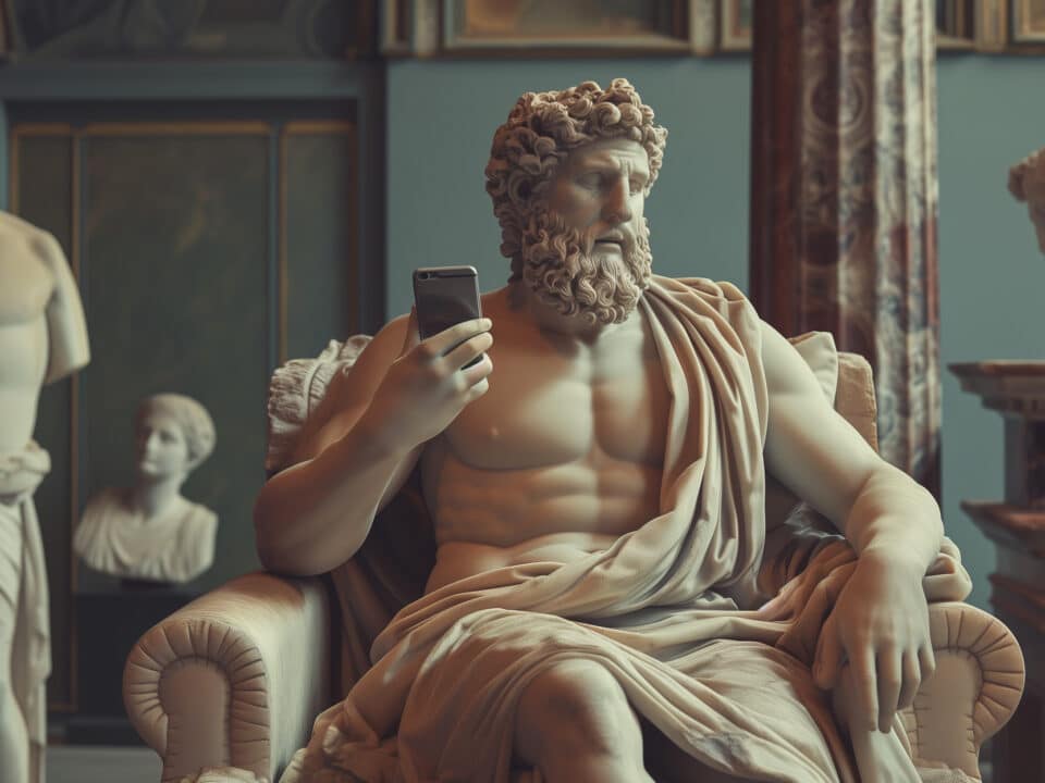 Ancient statue holds a smartphone; symbolizes evolution of scribing from historical to modern times.