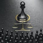 Black chess pawn & scales of justice, surrounded by pawns, symbolize legal scrutiny post-data breach