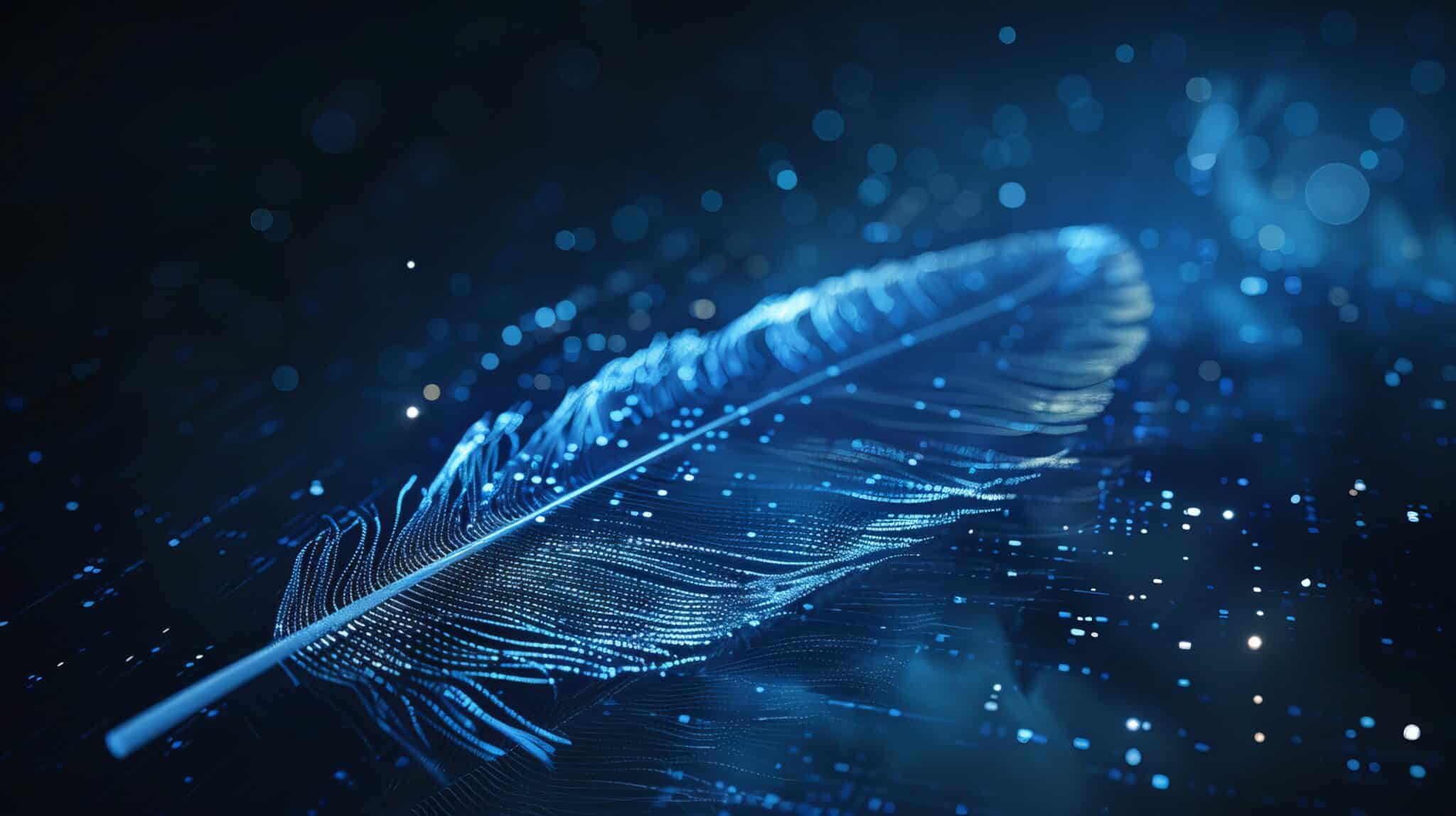 Digital feather with futuristic elements, symbolizing the future of AI-driven scribing solutions.