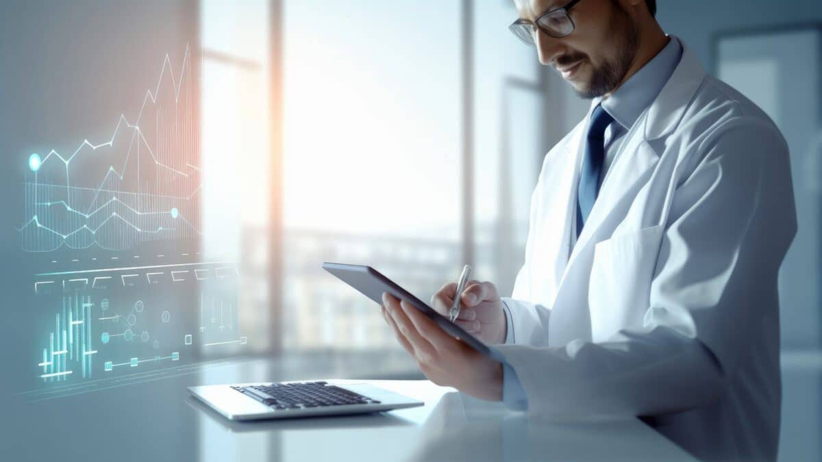 Doctor uses a tablet with holographic charts; denotes AI scribes boosting healthcare profitability.