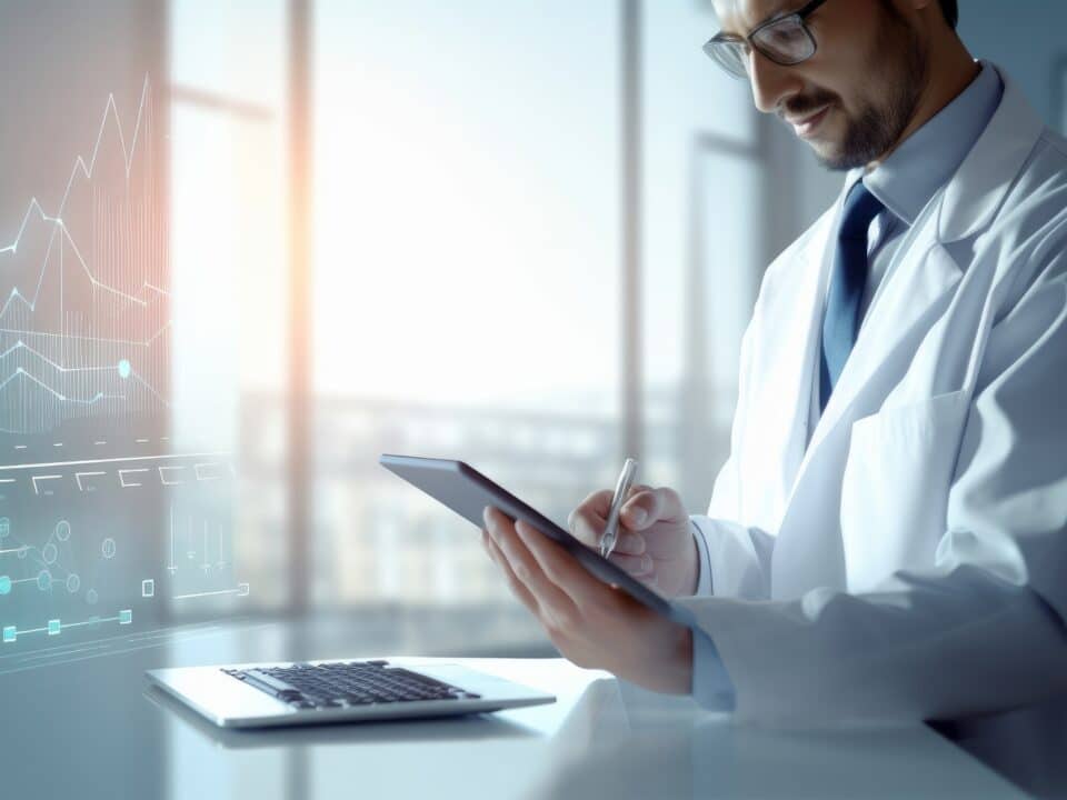 Doctor uses a tablet with holographic charts; denotes AI scribes boosting healthcare profitability.