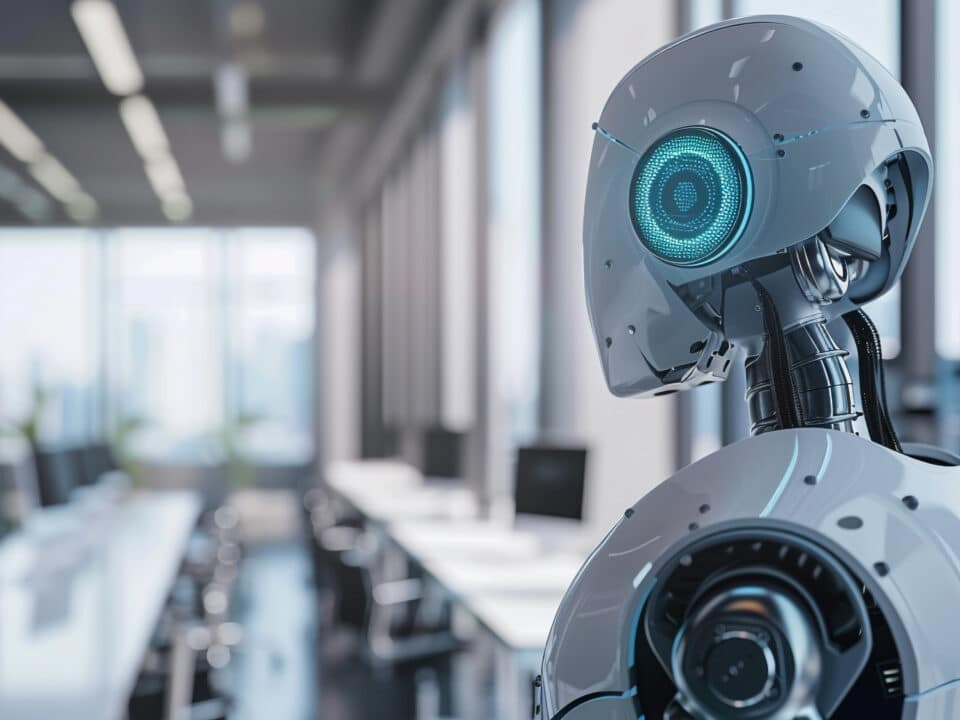 Futuristic robot in office, denotes AI scribes enhancing productivity and accuracy in industries.
