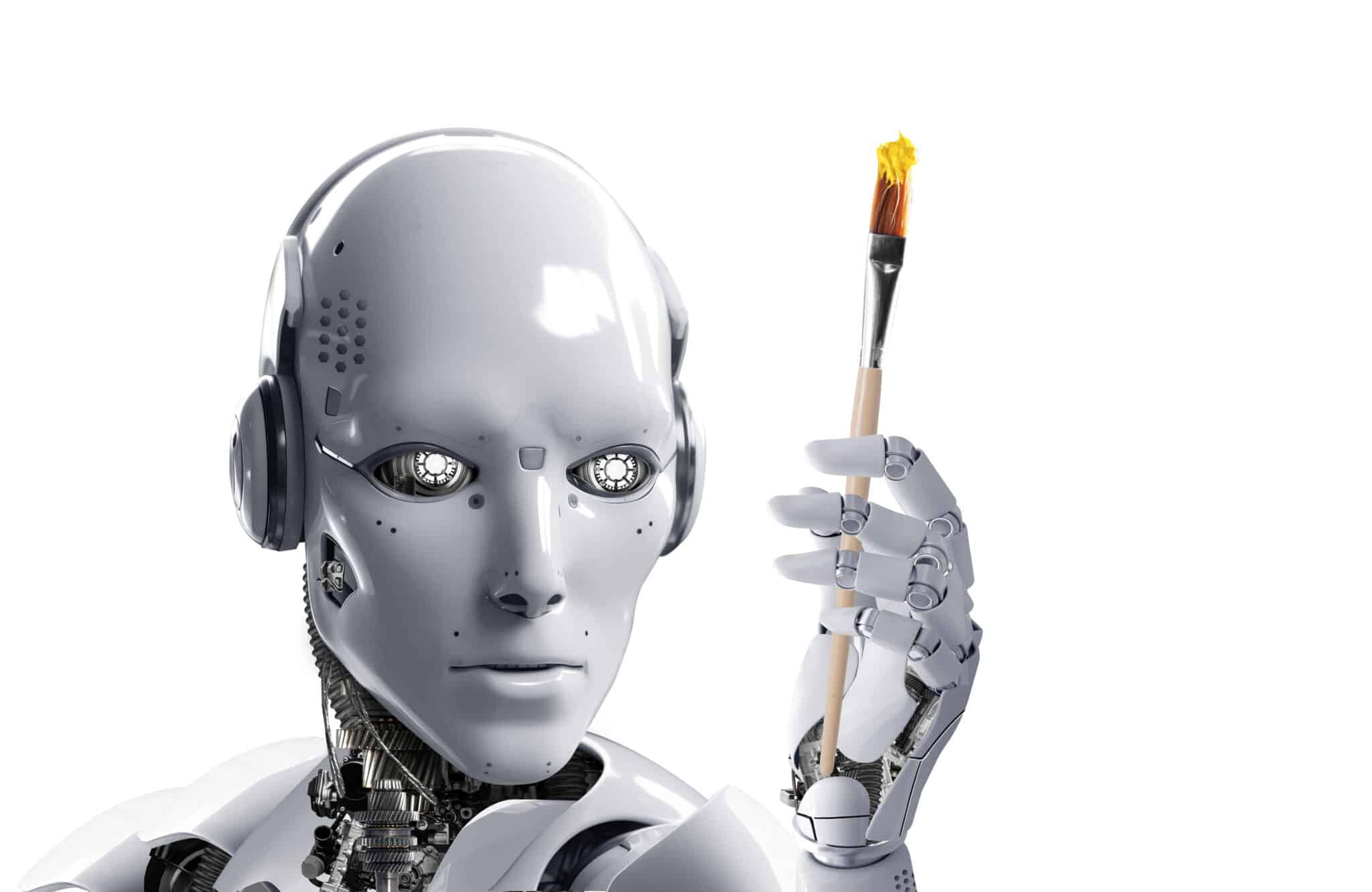 Futuristic white humanoid robot holding a paintbrush, symbolizing creativity and precision of AI scribes.