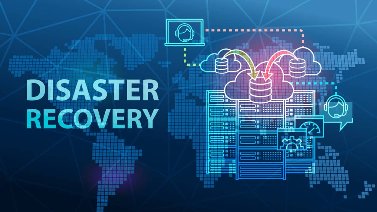 Illustration of disaster recovery with cloud backup, servers, & communication icons over a world map