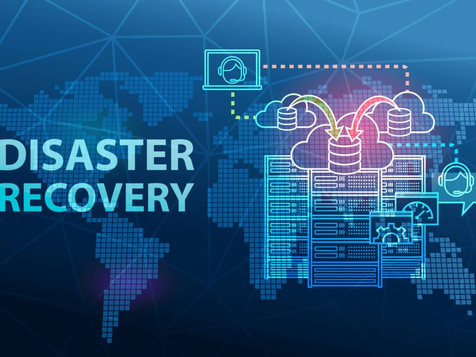 Illustration of disaster recovery with cloud backup, servers, & communication icons over a world map