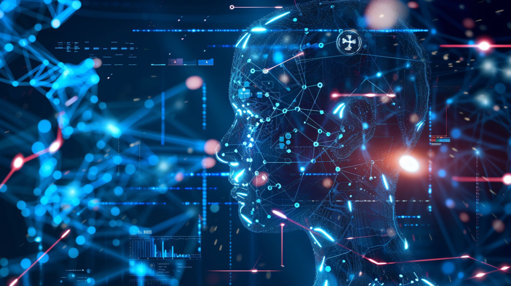 Image of a human profile with network connections, represents AI integration and cybersecurity.