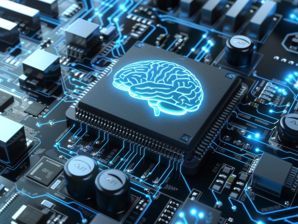 Image of a microchip and brain symbol; symbolizes integration of AI and cybersecurity in AI scribes.