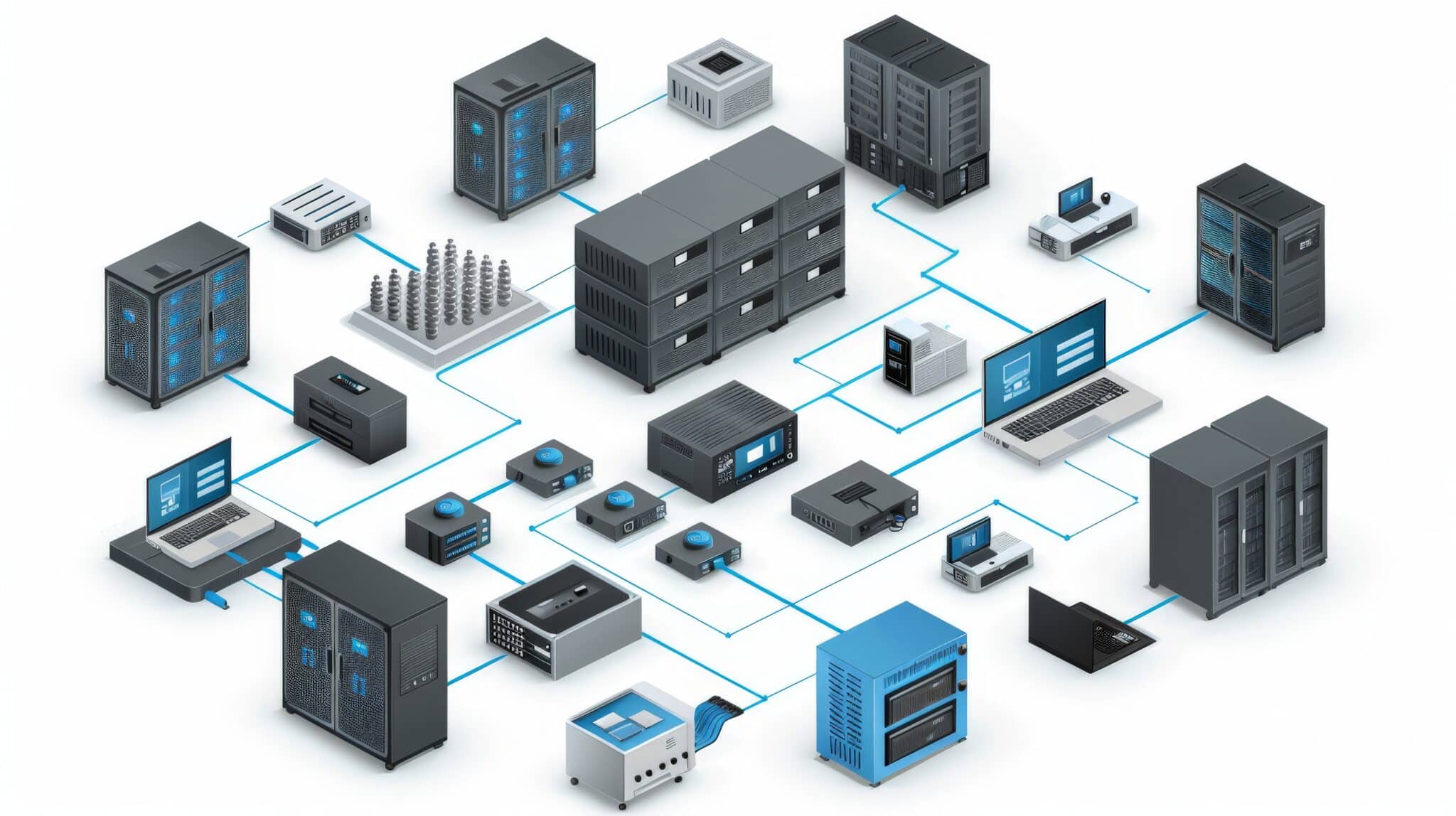 Map of interconnected servers, laptops, & storage devices illustrating a disaster recovery network.