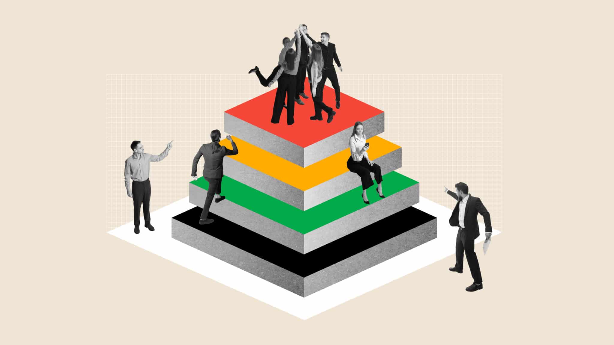 Professionals on a pyramid; symbolizes the integration of cybersecurity and business objectives.