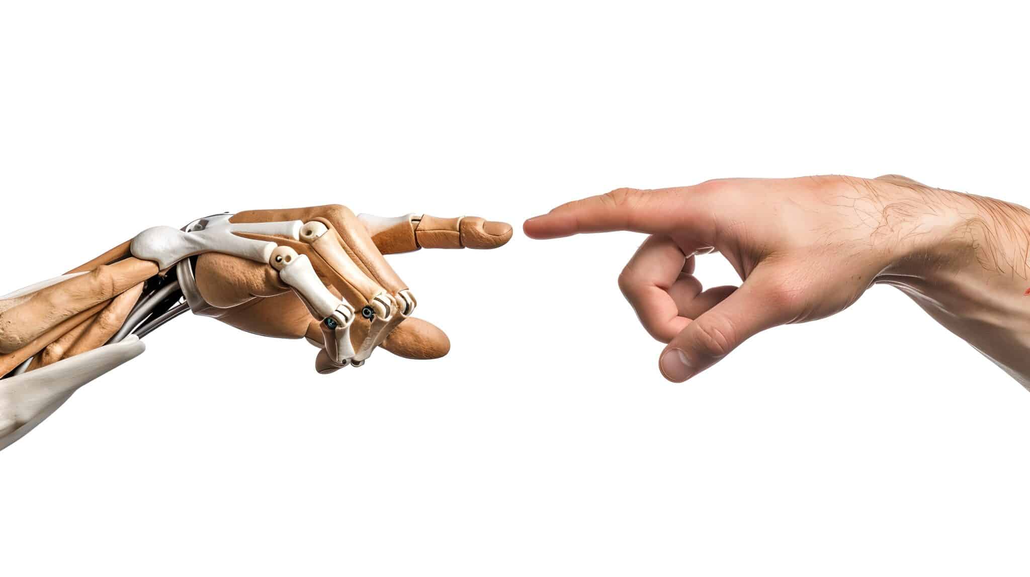 A robotic hand and a human hand reaching towards each other, symbolizing AI-human collaboration.