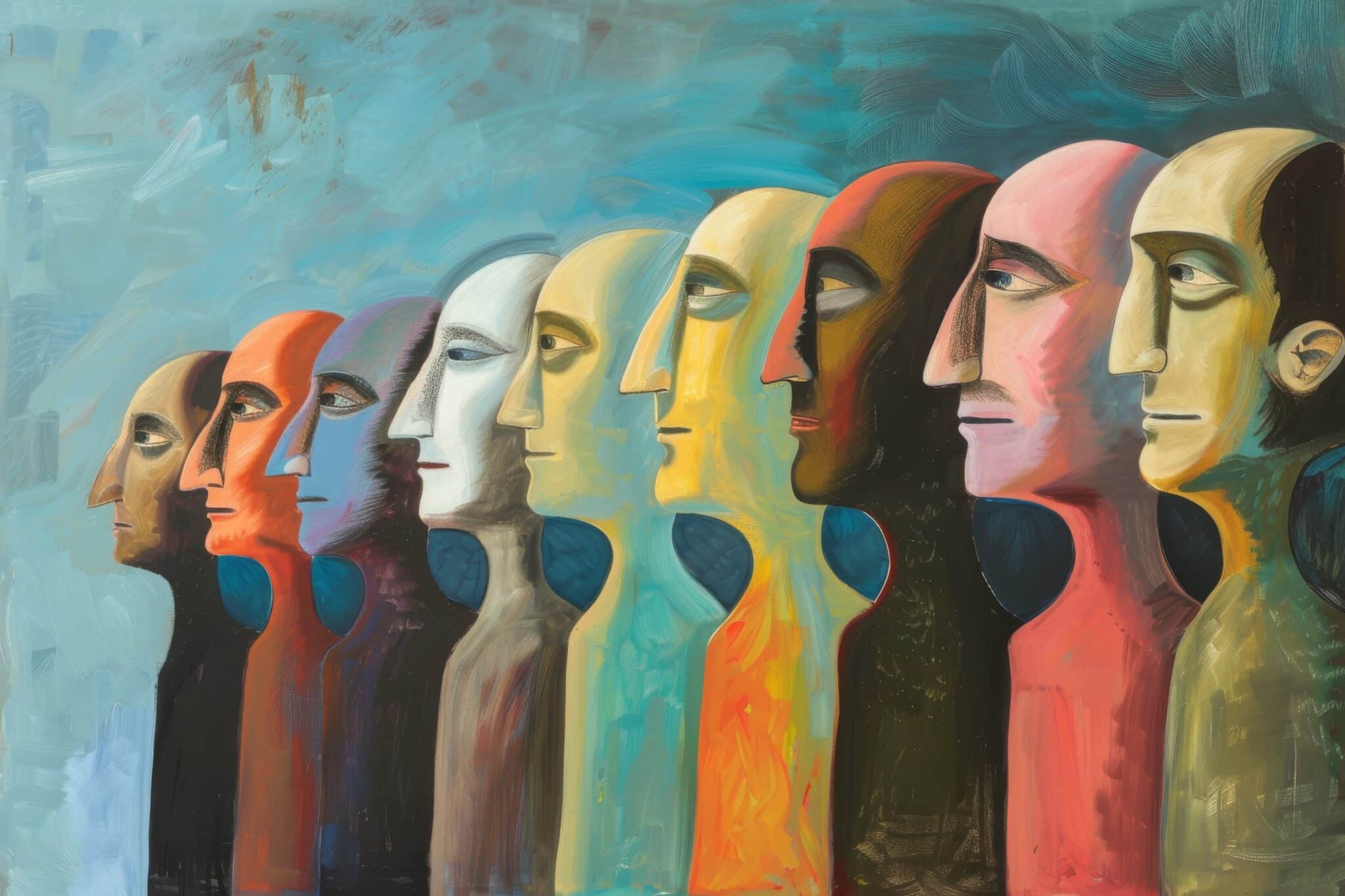 Abstract painting of diverse faces in various colors; highlights the need for diversity in AI data.