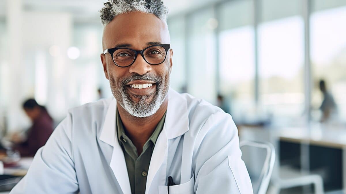 Doctor, seated in a bright, modern clinic, represents responsible use of AI scribes in healthcare.