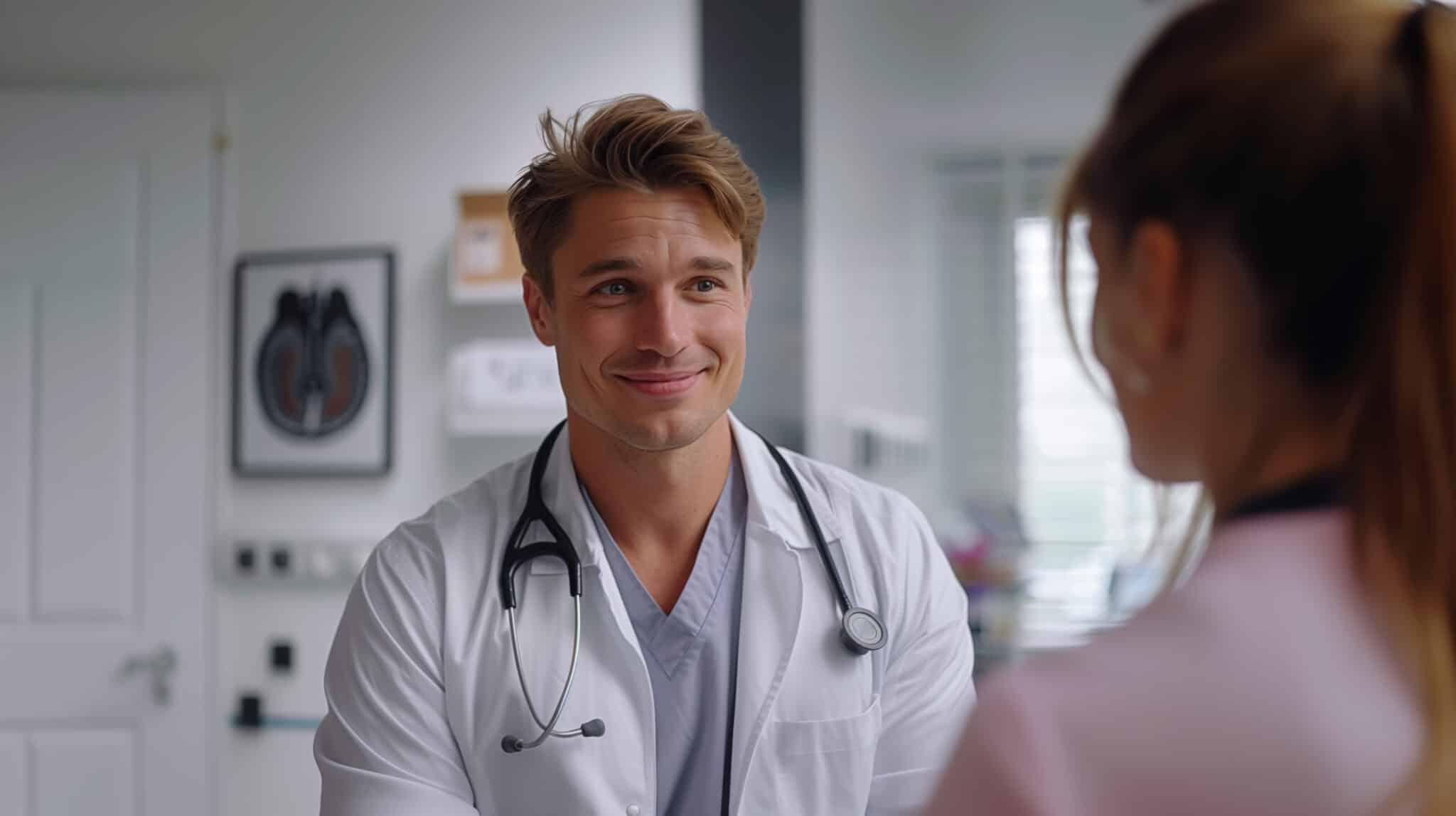 Doctor smiling at a patient, demonstrating how AI scribes allow more focus on patient care and interaction.