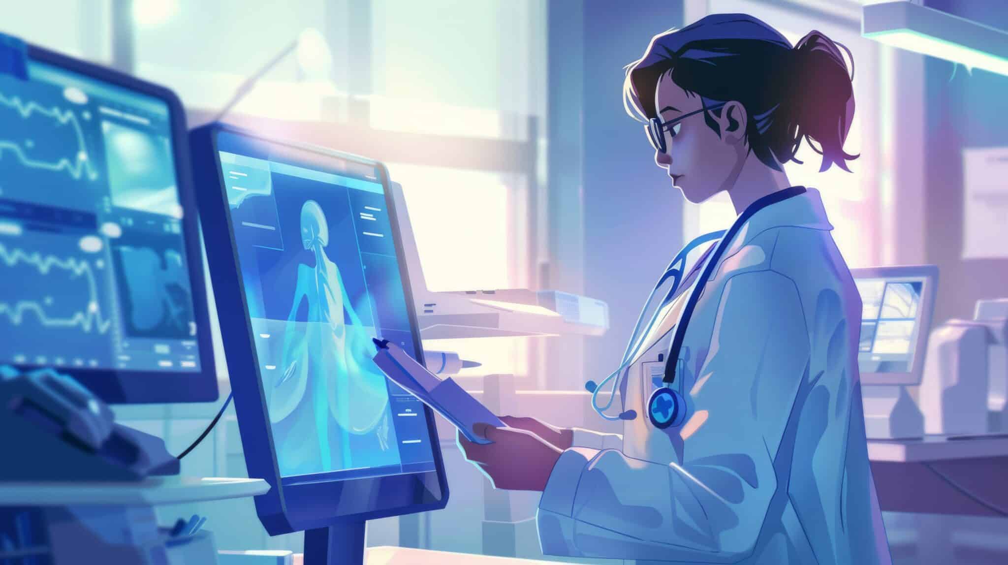 Doctor uses a digital screen in a modern medical setting; denotes the use of free AI medical scribes