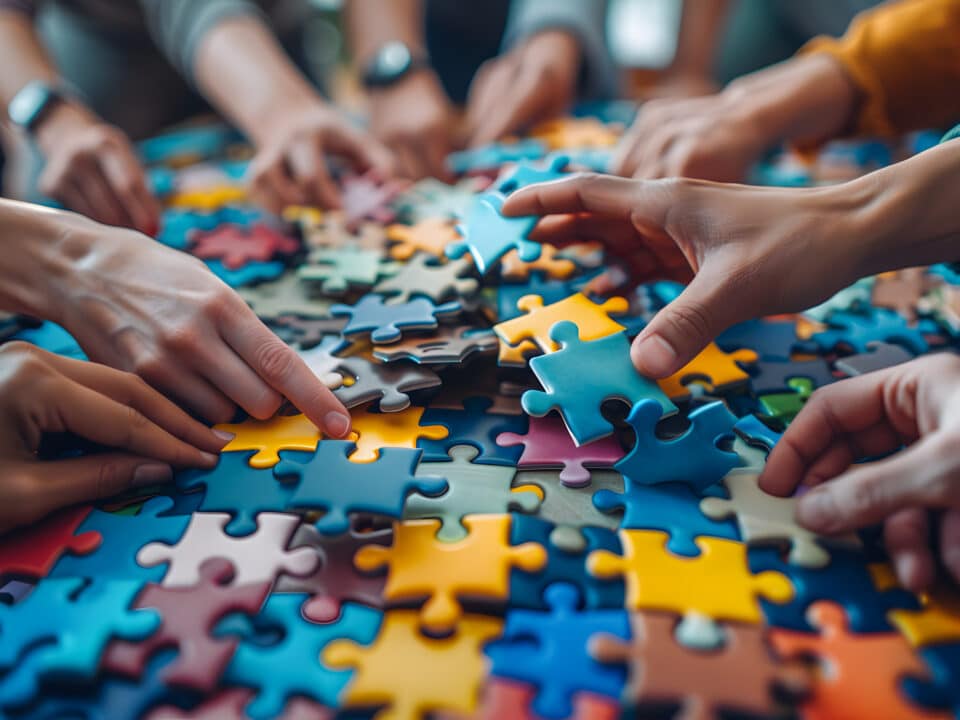 Hands collaboratively assemble colorful puzzle pieces; symbolizes teamwork in AI scribe integration.
