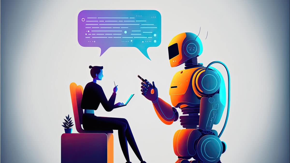 Human and robot collaborating, symbolizing synergy between human expertise and AI in AI scribing.