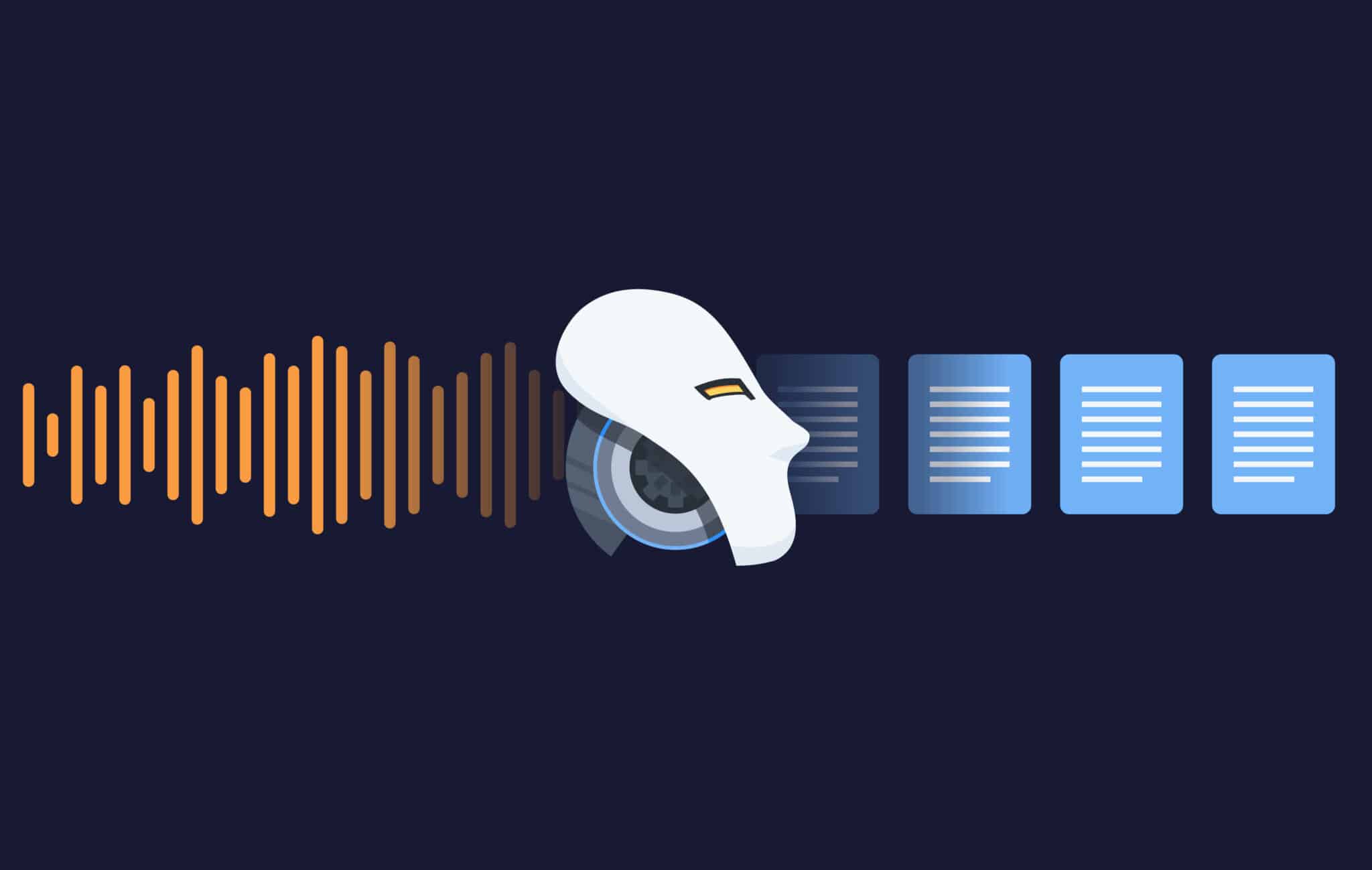 Illustration of a robot processing audio waves into text, symbolizing AI ambient scribing.