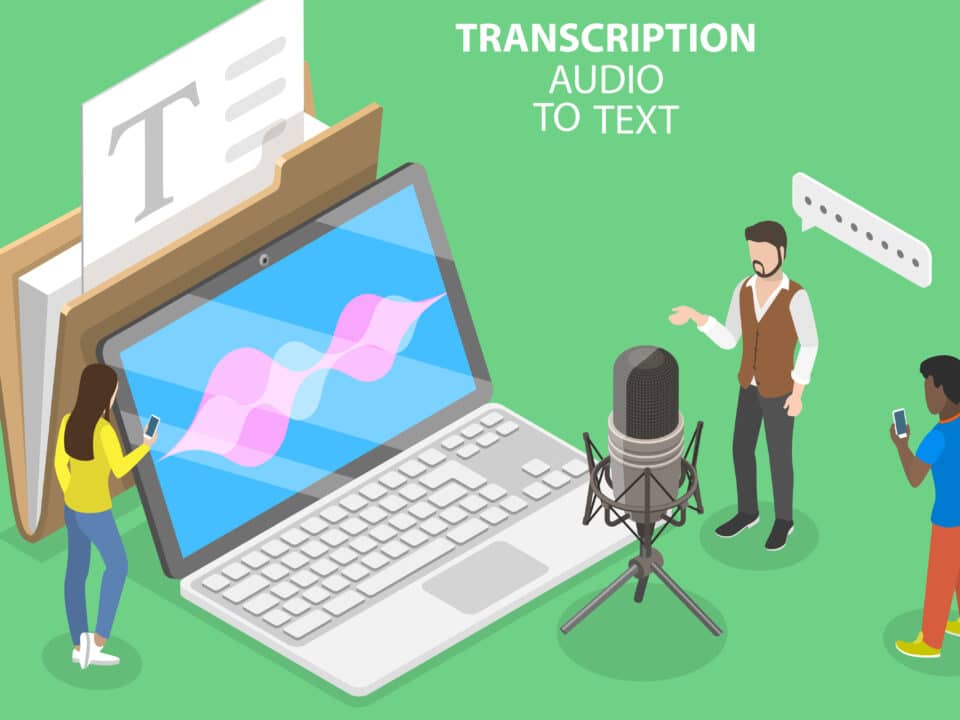 Isometric illustration of ambient scribing with a laptop, microphone, & people using mobile devices.