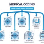 Medical coding diagram: CPT, DRG, ICD, HCPCS codes, medical records, billing, compliance, auditing.