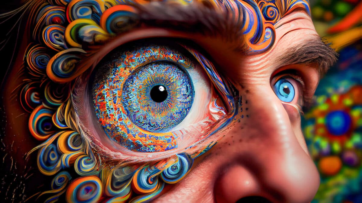 Psychedelic close-up of a human eye, representing AI hallucinations in transcription services.