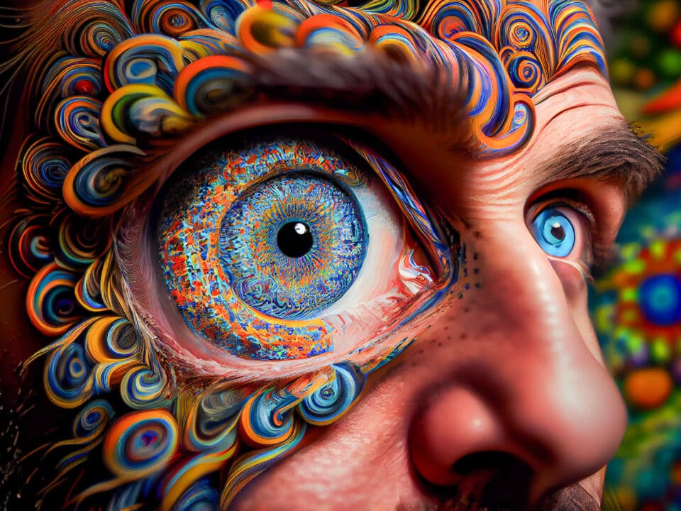 Psychedelic close-up of a human eye, representing AI hallucinations in transcription services.