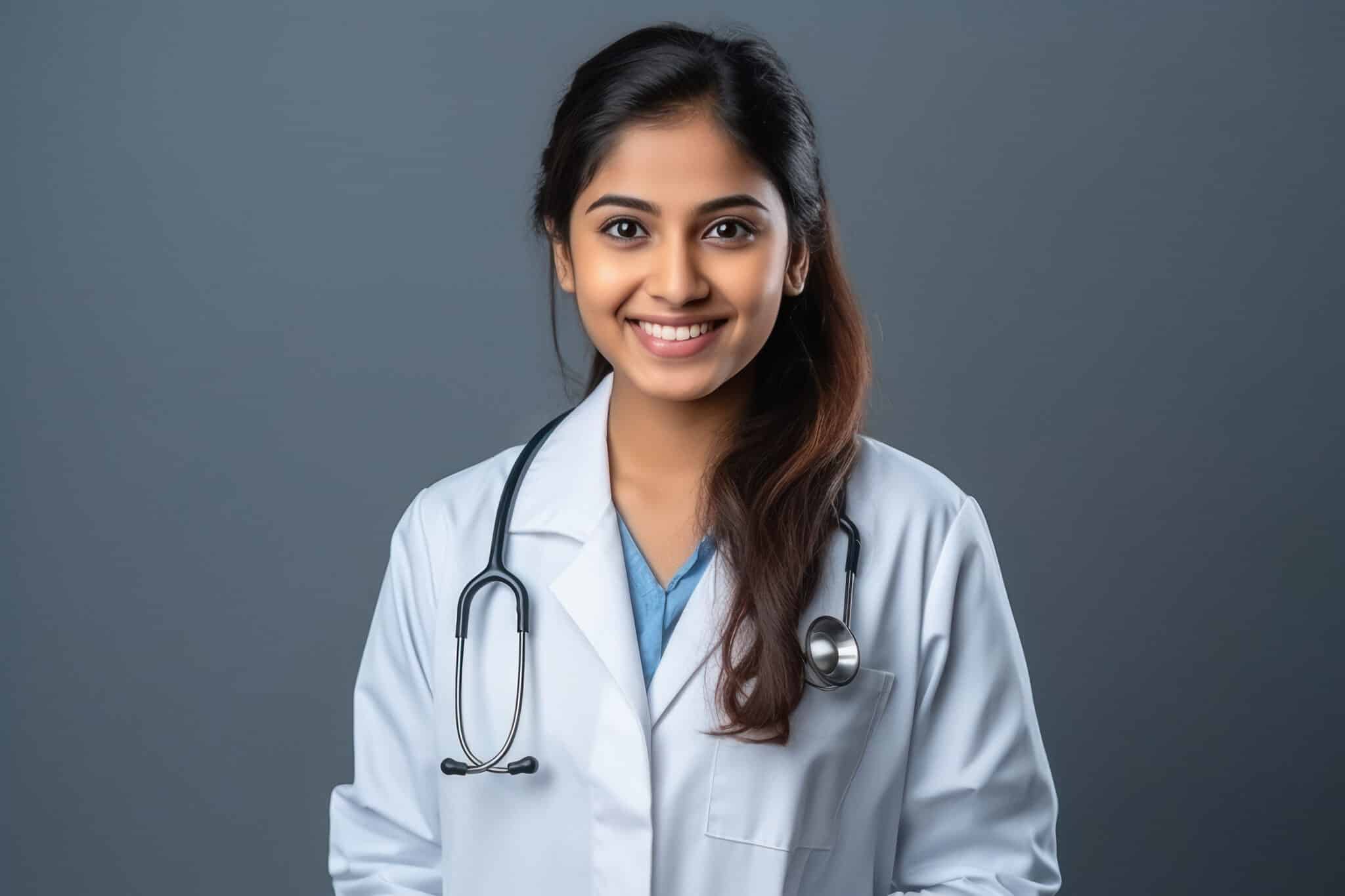 Smiling female doctor in a white lab coat, representing responsible AI scribe use in healthcare.