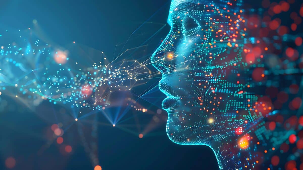 Digital face with glowing data points representing AI and machine learning in automated transcription.