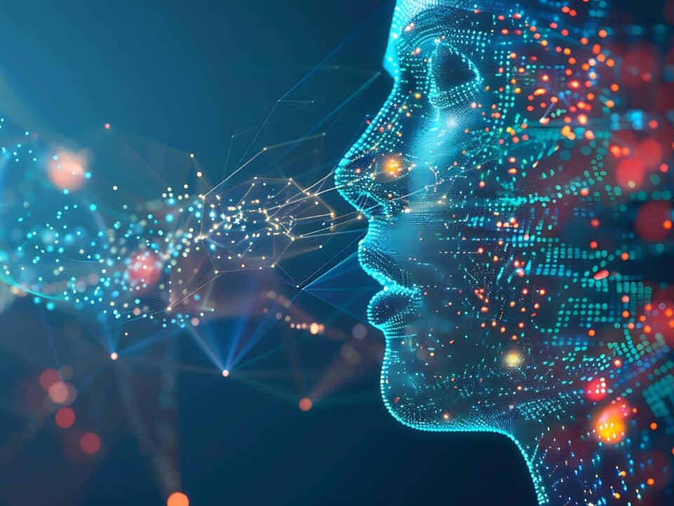 Digital face with glowing data points representing AI and machine learning in automated transcription.