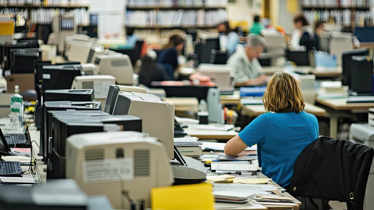 Government transcription office with staff working at desks filled with computers and files.