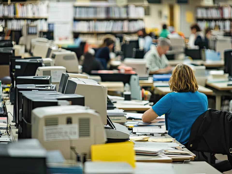 Government transcription office with staff working at desks filled with computers and files.