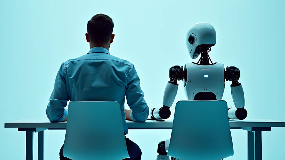 Human and AI robot working together at a desk, symbolizing Athreon’s approach to government transcription.