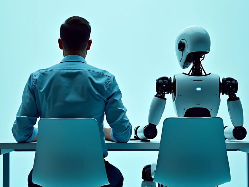 Human and AI robot working together at a desk, symbolizing Athreon’s approach to government transcription.