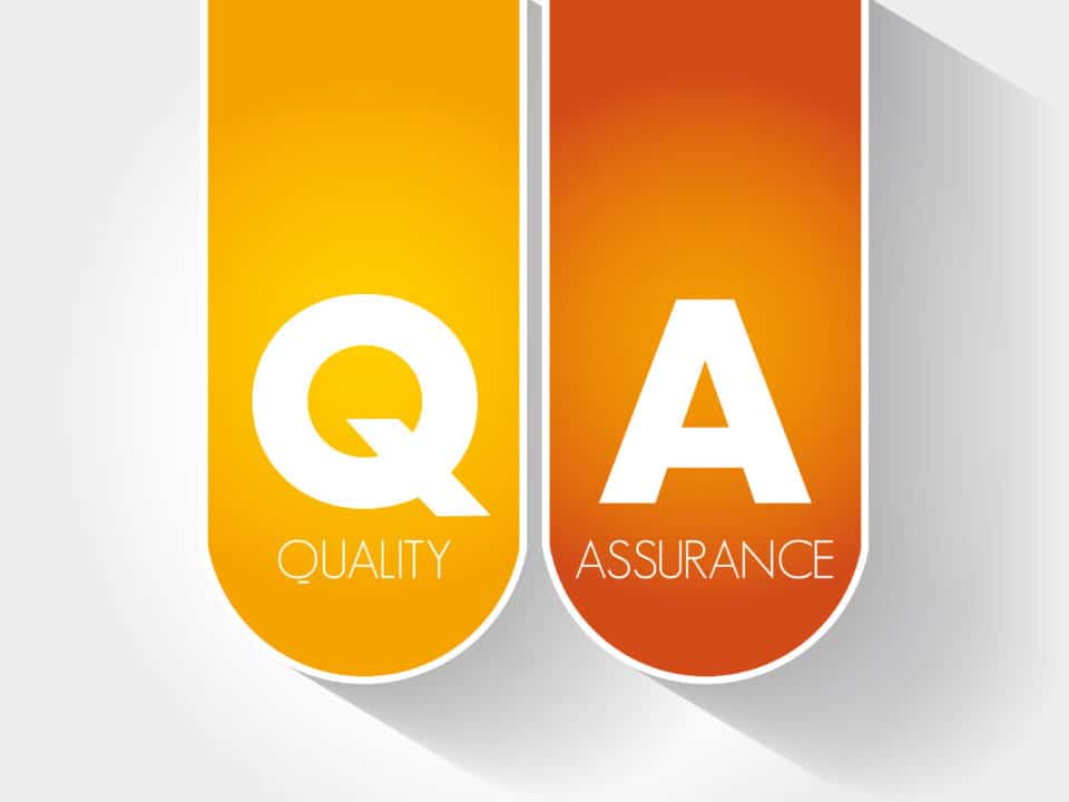 Quality Assurance graphic with large letters 'Q' and 'A' in bold, represent QA transcription process