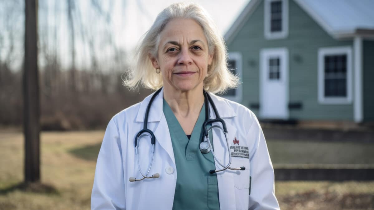 Female doctor in rural setting, showcases the benefits of remote medical scribes for efficiency.