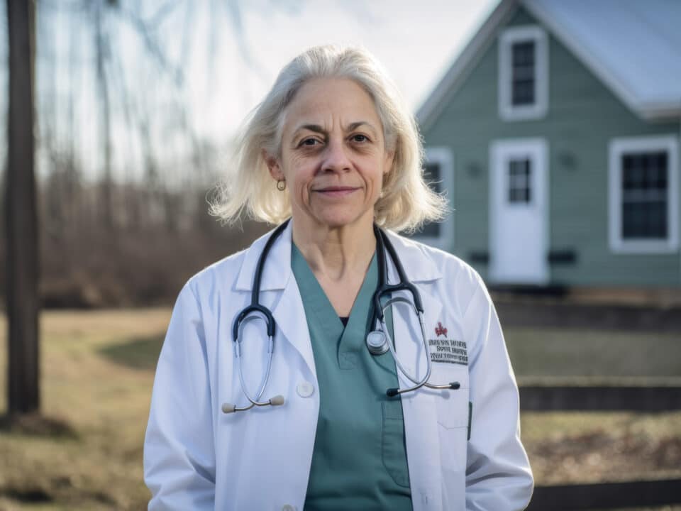 Female doctor in rural setting, showcases the benefits of remote medical scribes for efficiency.